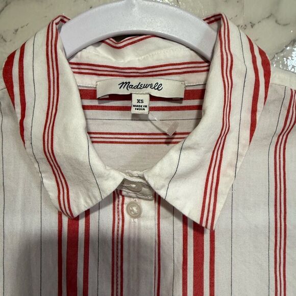 NEW Madewell Central Ruffle-Sleeve Shirt in Carey Stripe Red and White Size XS - Picture 5 of 10